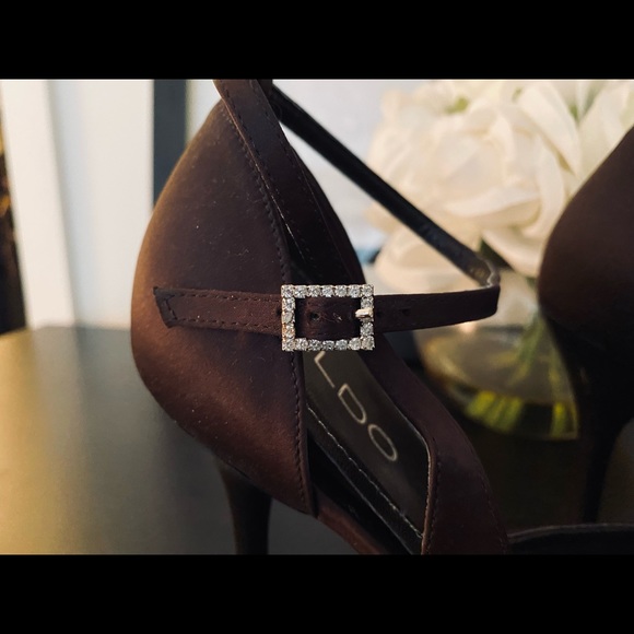 ALDO Brown Satin Pointy-toe Heels with Rhinestone Buckle - Picture 3 of 8